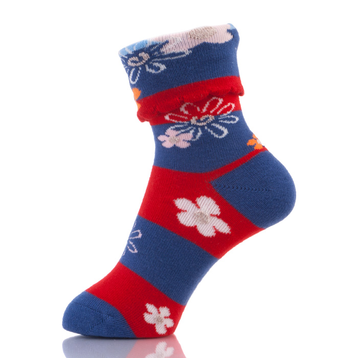 Flower Jacquard Double Cuff Fancy Kids Socks 